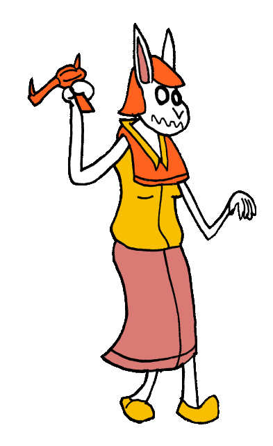 A skinny bunny lady with an orange dress, a short haircut, and is holding a gun. She has a terrified look on her face, and her eyes are thick pupil free circles.